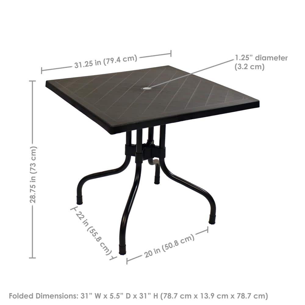 Black Square Polypropylene Top Outdoor Dining Table with Curved Iron Legs