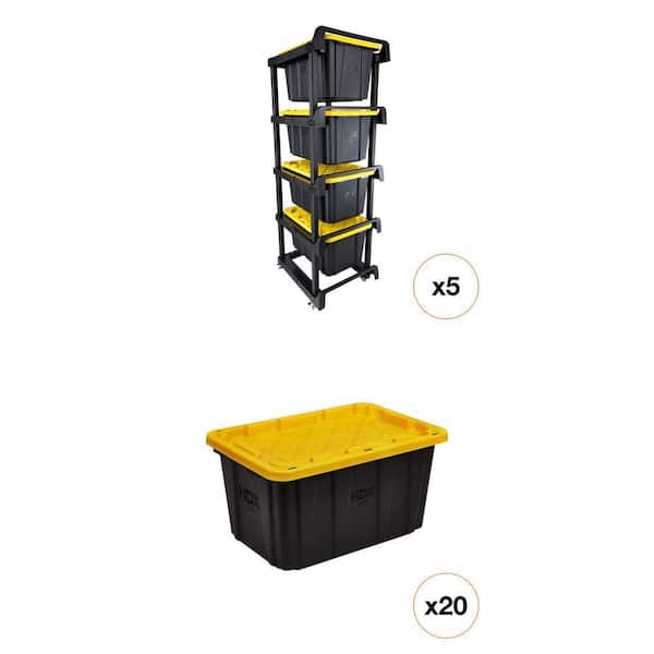 4-Tier Plastic Shelving Tote Stacker with Casters and 27 Gal. Tough Storage Tote in Black and Yellow (2-Piece)