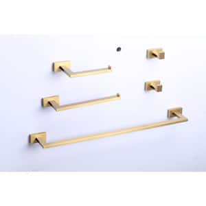 5-Piece Bath Hardware Set with Towel Bar, Toilet Paper Holder, 3 Multi-Purpose Hooks in Gold