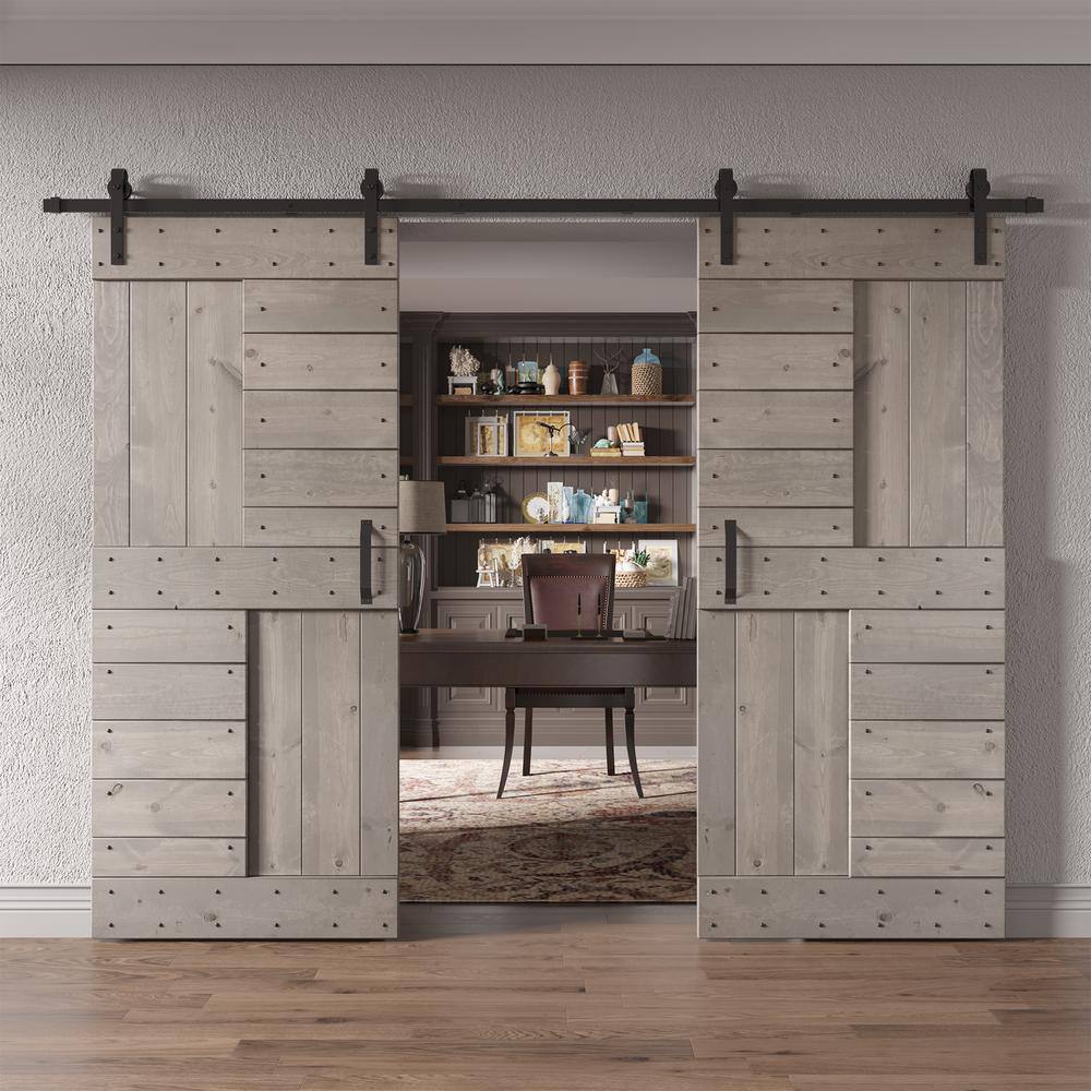 Coast Sequoia 72" x 84" Light Gray Knotty Pine Wood Double Sliding Barn Door with Hardware Kit