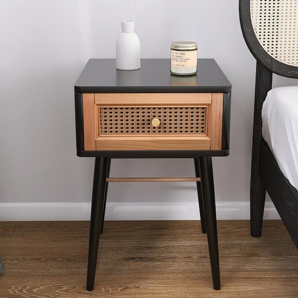 FUIN Hathorn Fully-Assembled Modern Farmhouse Nightstand with 1-Drawer Rattan Front 14.76 in. D x 14.96 in. W x 21.26 in. H