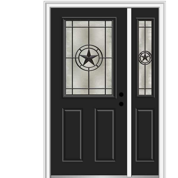 MMI Door Elegant Star 50 in. x 80 in. Left-Hand Inswing 1/2 Lite Decorative Glass Black Painted Fiberglass Prehung Front Door