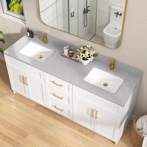66 in. W x 22 in. D Cultured Marble White Rectangular Undermount Double Sink Vanity Top in Gray with 4 in. H Backsplash