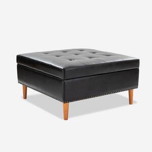Burkhard Black Modern Storage Faux Leather Tufted Cocktail Ottoman with Solid Wood Legs