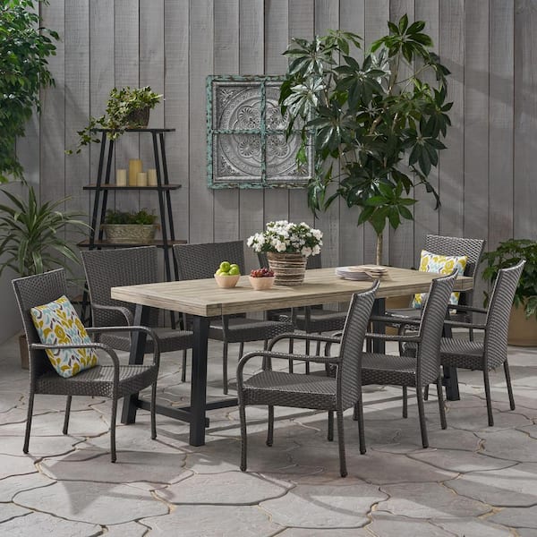 Jefferson 30 in. Sandblast Light Grey 9-Piece Metal Rectangular Outdoor Patio Dining Set