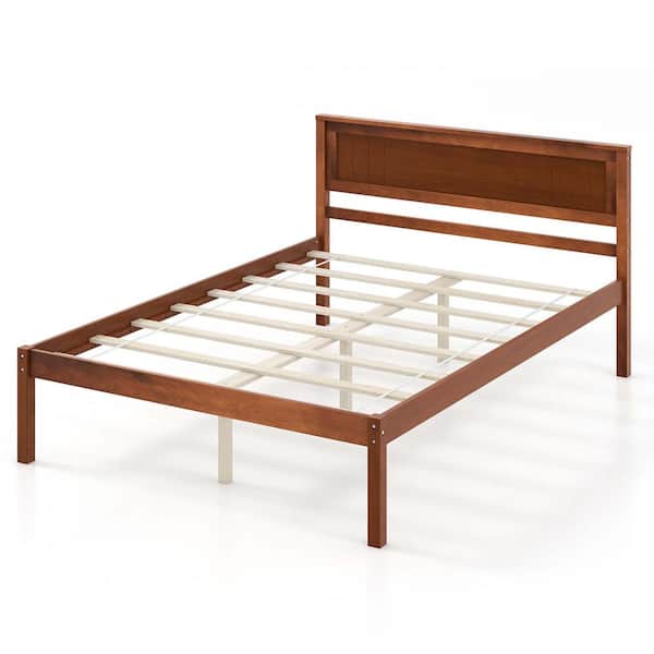 Costway Brown Walnut Wood Frame Full Size Platform Bed Frame with Headboard Mattress Foundation