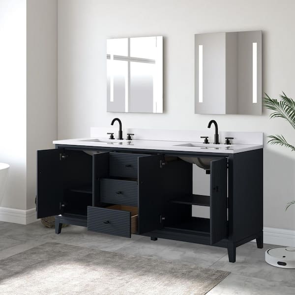 72 in. W x 22 in. D Double Sink Freestanding Vintage Spruce Blue Bath Vanity Cabinet with White Engineered Marble Top
