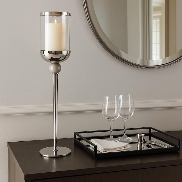 Liv & Skye 29 in. Silver Metal Decorative Large Floor Candle Holder with Marble Accent