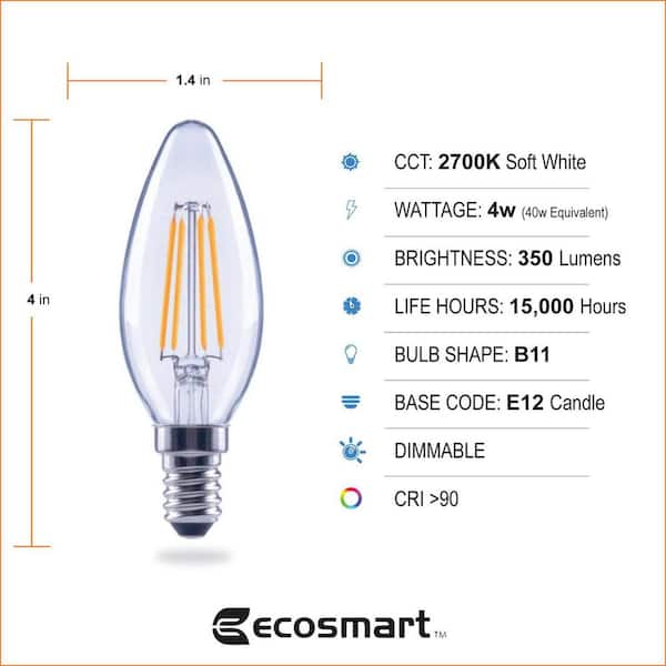 EcoSmart 40-Watt Equivalent B11 Dimmable Energy Star LED Light Bulb Soft White (12-Pack) EcoSmart 40-Watt Equivalent B11 Dimmable Energy Star LED Light Bulb Soft White (12-Pack)