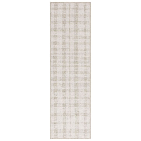 Abstract 2 ft. x 8 ft. Ivory/Sage Border Plaid Runner Rug