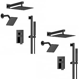 3-Spray Square 10 in. and 6 in. Dual Shower Head Wall Bar Shower Kit with Pressure Balance Valve in Matte Black (2 Pack)