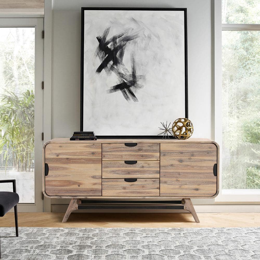 Mid-Century Modern Grey Acacia Wood 3-Drawer Sideboard Buffet
