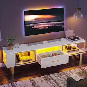 70 in. High Gloss TV Stand for TVs Up to 80 in. Modern Entertainment Center with Open Storage and Drawer White and Gold