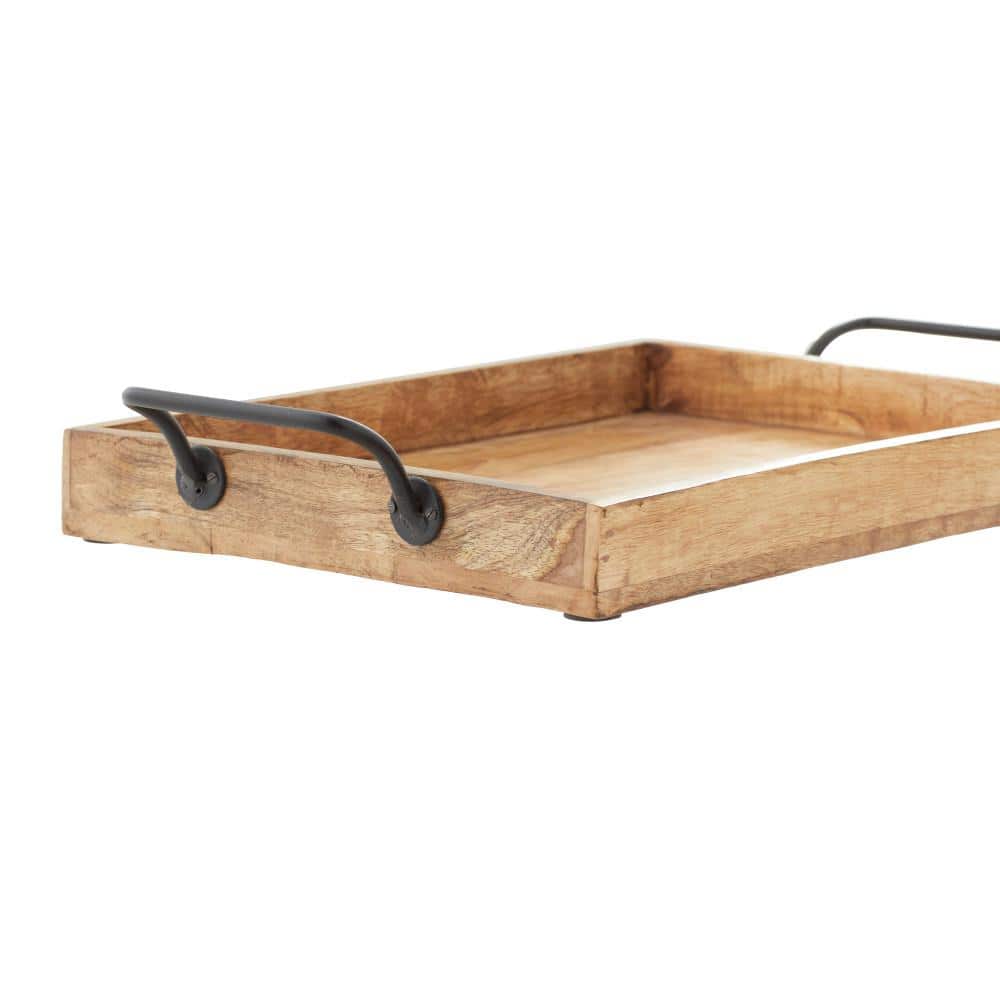 Rustic Brown Mango Wood Rectangular Tray Set with Slot Handles