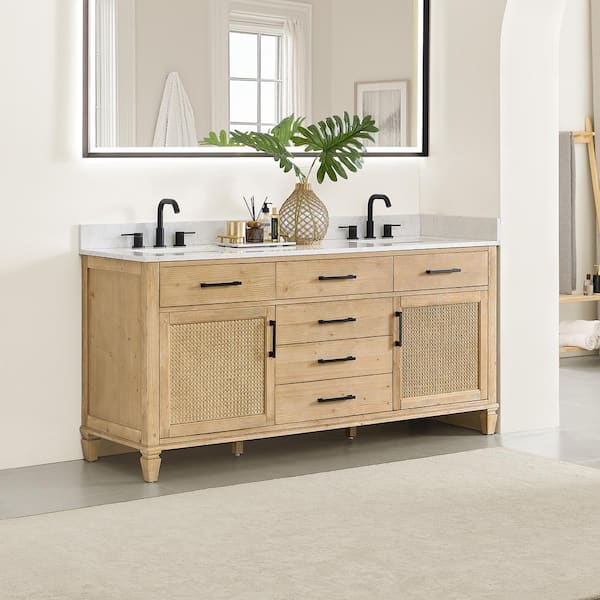 Salome 72 in. Double Freestanding Weathered Fir Bath Vanity with Grain White Engineered Stone Top Assembled