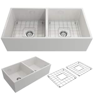 Contempo Farmhouse Apron Front Fireclay 36 in. Double Bowl Kitchen Sink with Bottom Grid and Strainer in White