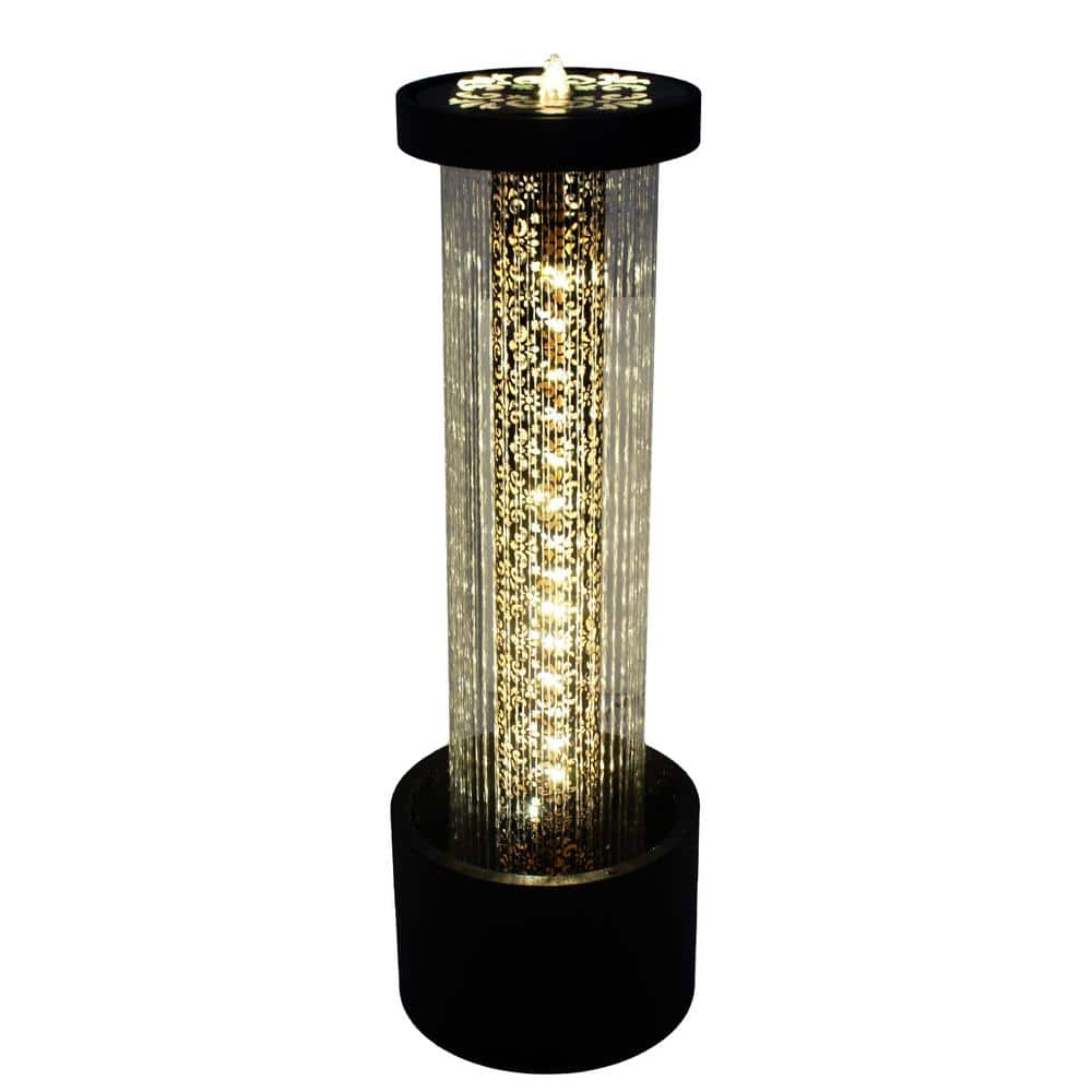 Tall Black Zinc Outdoor Water Fountain with Warm White LED Lights