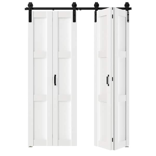 60 in. x 84 in. (30'W' x 2) White, 3 Panel Finished, Paneled MDF, Bi-Fold Style Sliding Barn Door with Hardware Kit