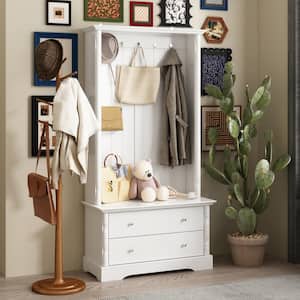 White Wooden Freestanding Storage Hall Tree, Coat Rack with 5 Silver Hooks, Seat & 2 Large Drawers