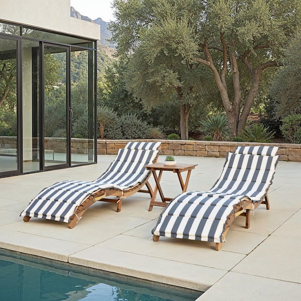 Pacifica Natural Brown 3-Piece Wood Outdoor Chaise Lounge Chair with Grey/White Cushion