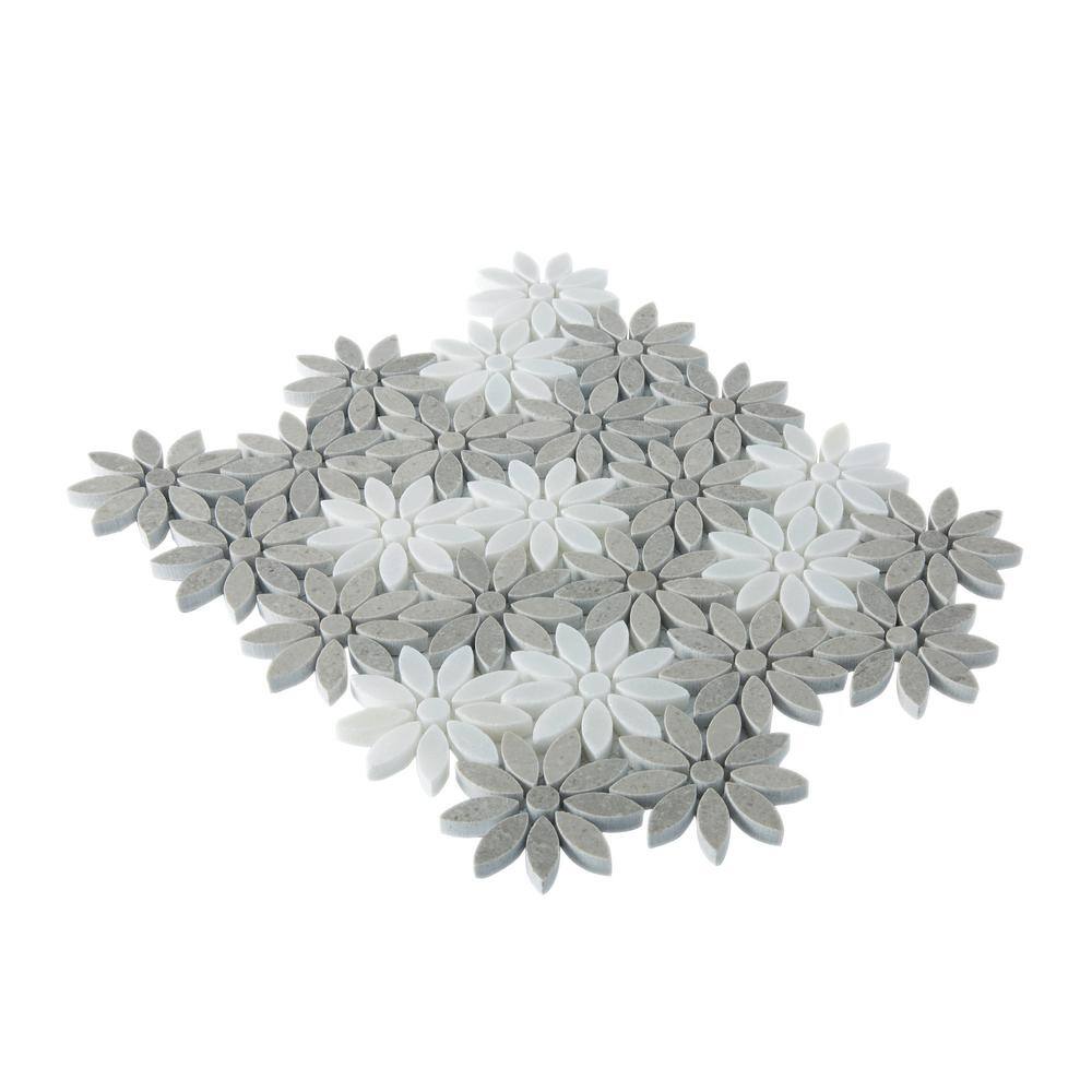 Gray and White Floral Polished Marble Mosaic Tile