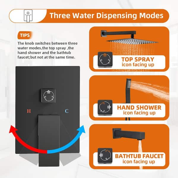 Rainfall Single Handle 2-Spray Shower Faucet 2.2 GPM with Pressure Balance, Tub in Matte Black (Valve Included)