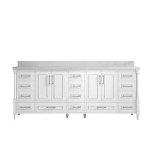 Hudson 84 in. W x 22 in. D x 36 in. H Double Sink Bath Vanity in White with 2 in. Calacatta Nuvo Quartz Top