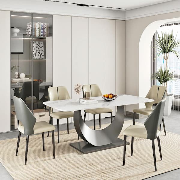 70.87 in. White Sintered Stone Tabletop Gunmetal Gray Pedestal Leg Dining Table with Anti-Collision Arc Corner (Seats 6)