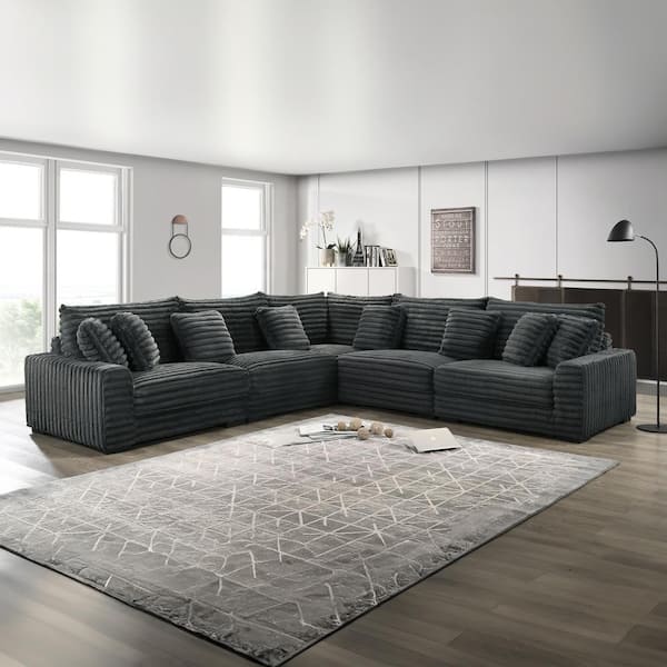 New Classic Furniture Embrace 131.7 in. Square Arm 5-piece Polyester Fabric Sectional Sofa in Charcoal
