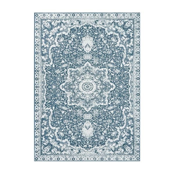 My Magic Carpet Parviz Blue Indoor Machine Washable 5 ft. x 7 ft. Living Room Entrance Hallway Bedroom Den Kitchen Dining Room Area Rug