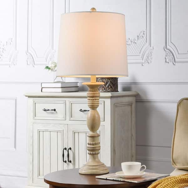 29.5 in. Weathered Whitewash Table Lamp White Linen Shade