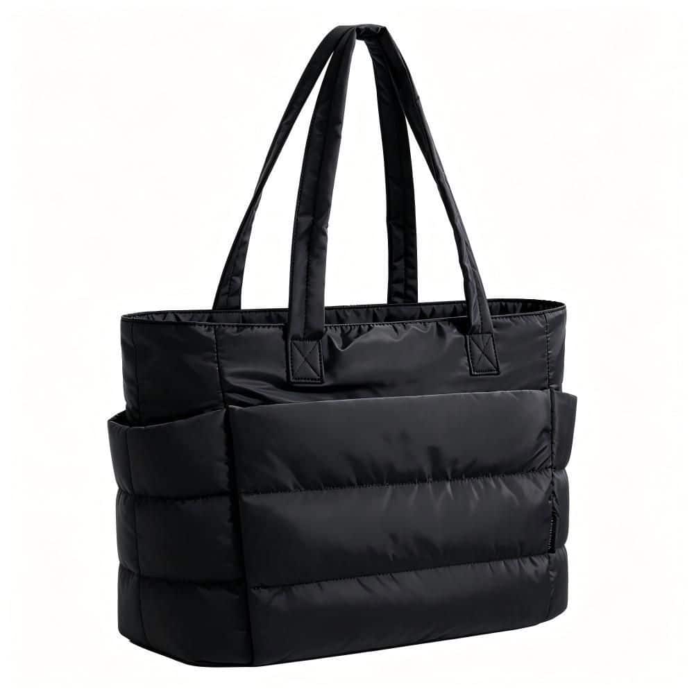 Black Puffy Polyester Tote Bag, Classic Solid Finish, Ultra Lightweight Zippered Shoulder Bag with Compartments for Work