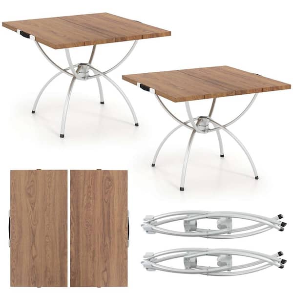 Costway Folding Camping Table with Wood-Grain Tabletop Aluminum Frame Carrying Bag (2-Pack)