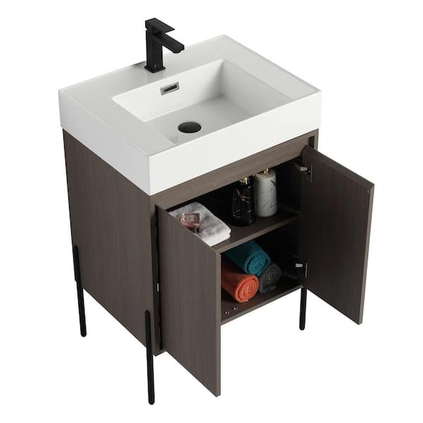 Crownpoint 24 in. Freestanding Single Gray Oak Bathroom Vanity with White Acrylic Sink Top Unassembled