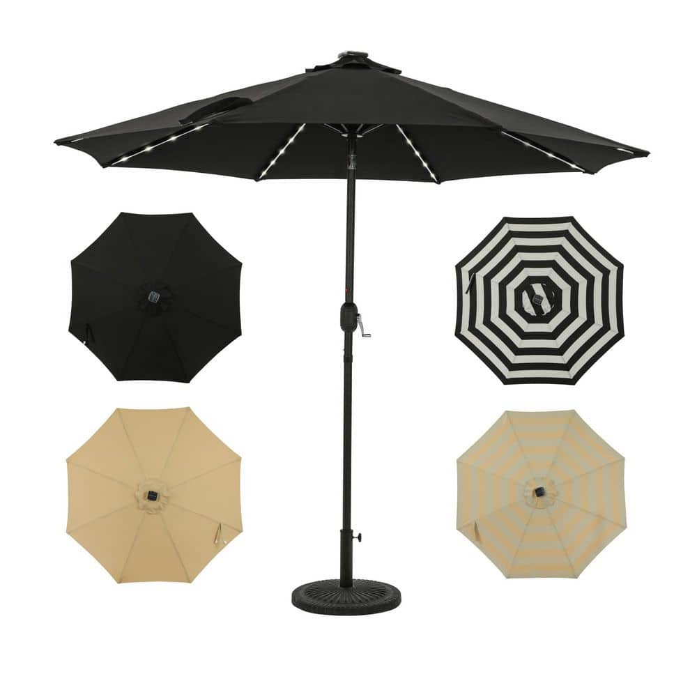 Mirage II Fiesta Black Aluminum Market Patio Umbrella with Solar LED Lights