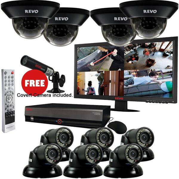 Revo 16 CH 4TB DVR Surveillance System with 10 700TVL 100 ft. Night Vision Cameras 23 in. Monitor & Free Bonus Covert Camera
