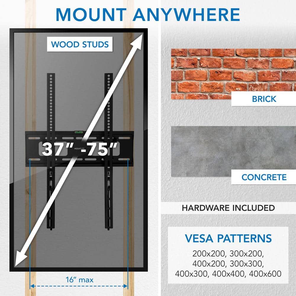 Black Steel Low Profile Vertical TV Wall Mount for 37" to 75" Screens