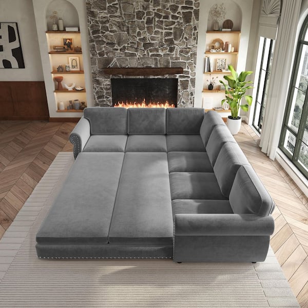 Oversize Convertible 118 in. Chenille Sectional Sofa in. Light Gray with Nail head Trim, Pull-out Sofa Sleeper