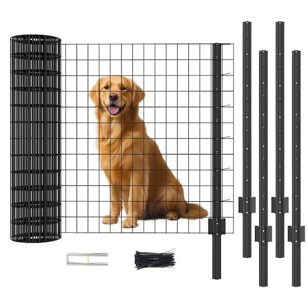 Welded Chicken Wire Fencing Mesh 35 in. x 590 in. Metal Garden Fence Netting Animal Barrier w/ 5-Steel Stake, Black