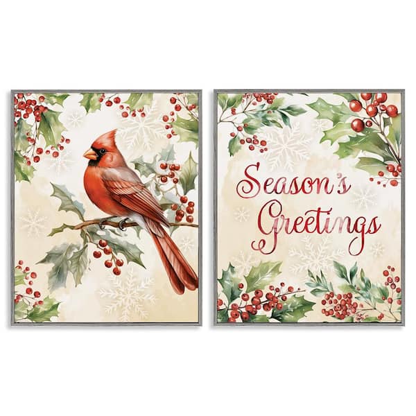 Season's Greetings and Cardinal by Nicole DeCamp 2 Piece Gray Framed Giclee Animal Art Print 30 in. x 24 in.