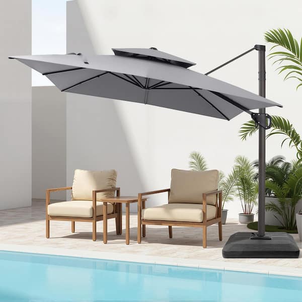 11 ft. x 9 ft. Dual Top Aluminum 360° Rotation Tilt Cantilever Patio Umbrella in Gray with Stand Weights for Pool Garden