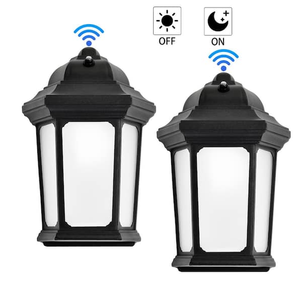 8 in. Black Finish Frosted Glass 5000K LED Dusk to Dawn Outdoor Hardwired Wall Lantern Sconce with Photocell (2-Pack)