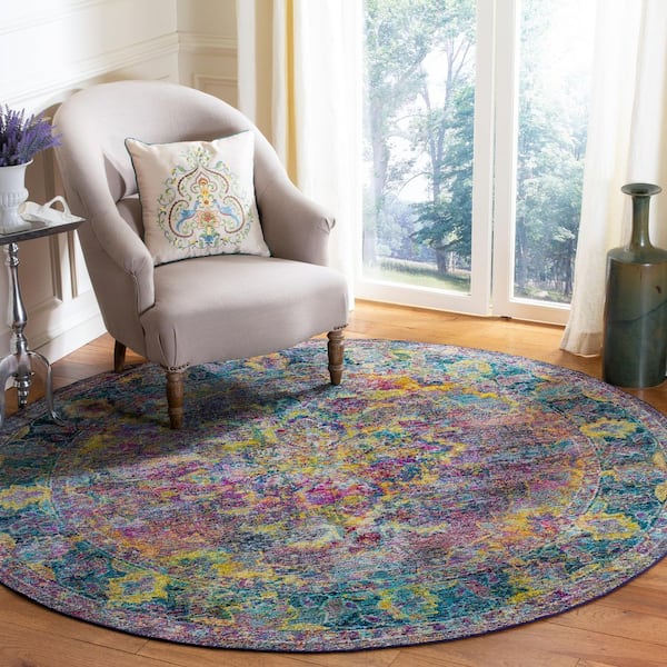 Crystal 7 ft. x 7 ft. Round Navy/Light Blue Floral Border Area Rug