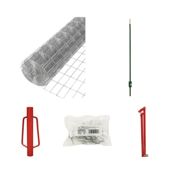5 ft. x 50 ft. 14-Gauge Welded Wire, 7 ft. Steel T-Post, Post Driver, T-Post Clips (25-Bag) and Fence Puller Combo