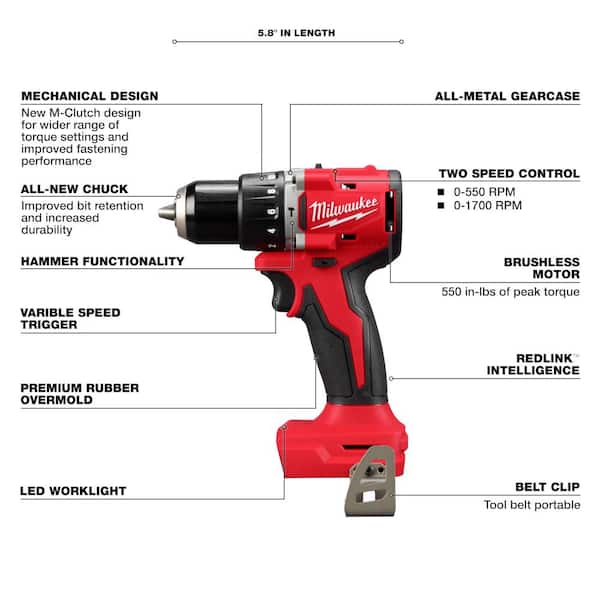 Milwaukee - M18 18-Volt Lithium-Ion Brushless Cordless Compact Hammer Drill/Impact Combo Kit (2-Tool) with (2) Batteries, Bag