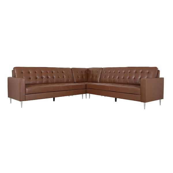 Noble House Fruite 110.75 in. W 3-Piece Brown Cognac Faux Leather Symmetrical Sectional