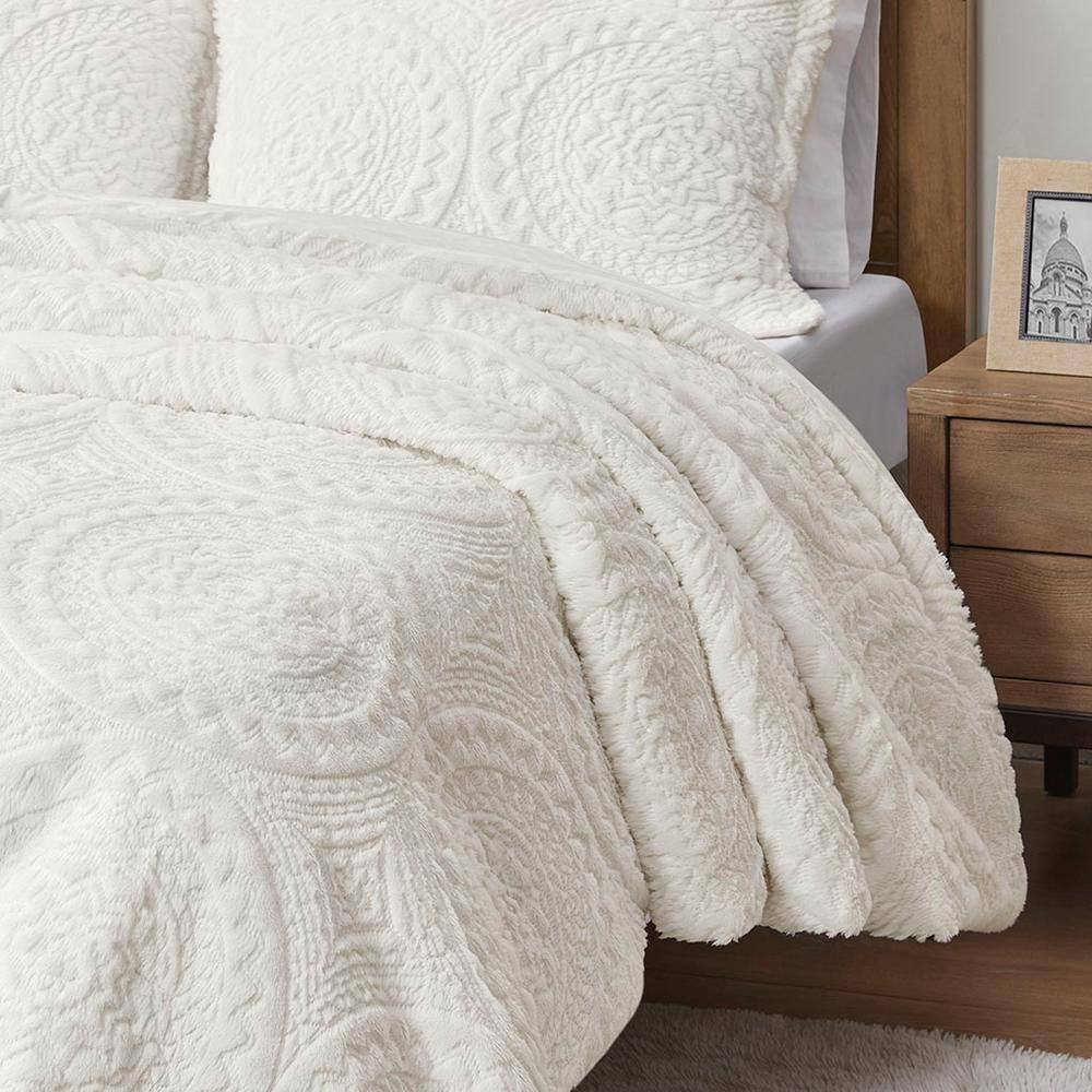 Ivory Full Faux Fur Reversible Comforter Set