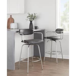 Demi 25.75 in. Black Faux Leather and Chrome Metal Fixed-Height Counter Stool with Round Footrest (Set of 2)