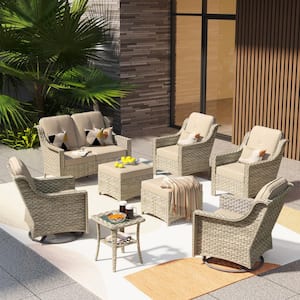 Leila 8-Piece Wicker Patio Conversation Seating Sofa Set with Beige Cushions and Swivel Rocking Chairs
