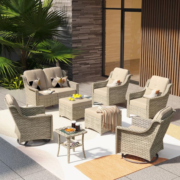 XIZZI Leila 8-Piece Wicker Patio Conversation Seating Sofa Set with Beige Cushions and Swivel Rocking Chairs